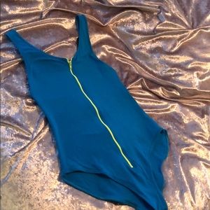 American Apparel neon blue and yellow zip bodysuit